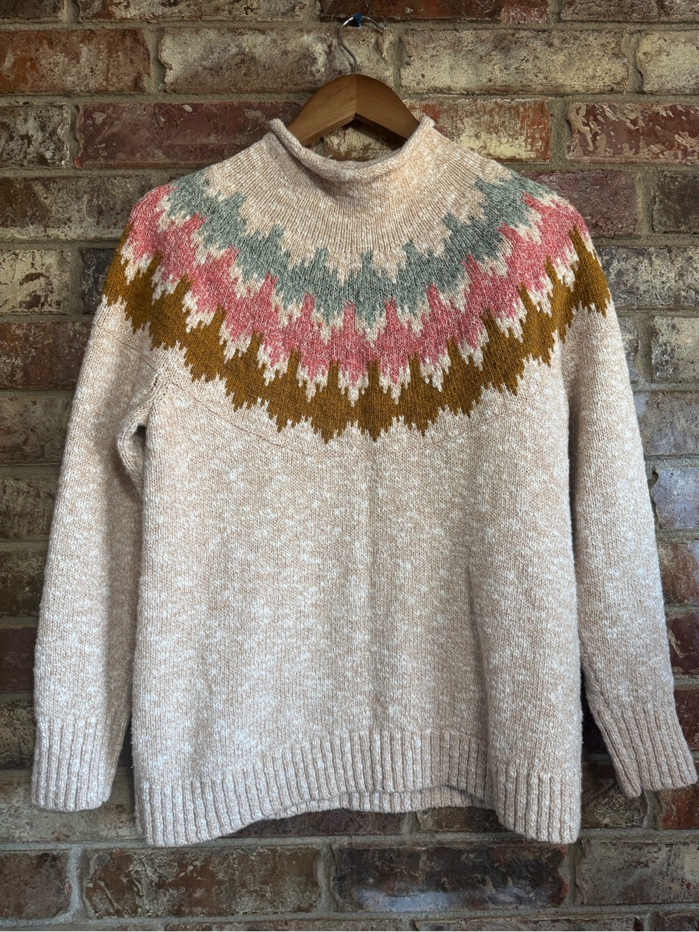 L.L. Bean Cream Sweater Fair Isle pattern & Roll neck style